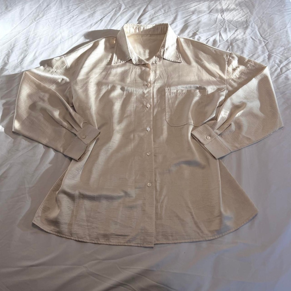 Free People Cream Textured Silk Like Oversized Button Up Shirt Blouse L/XL